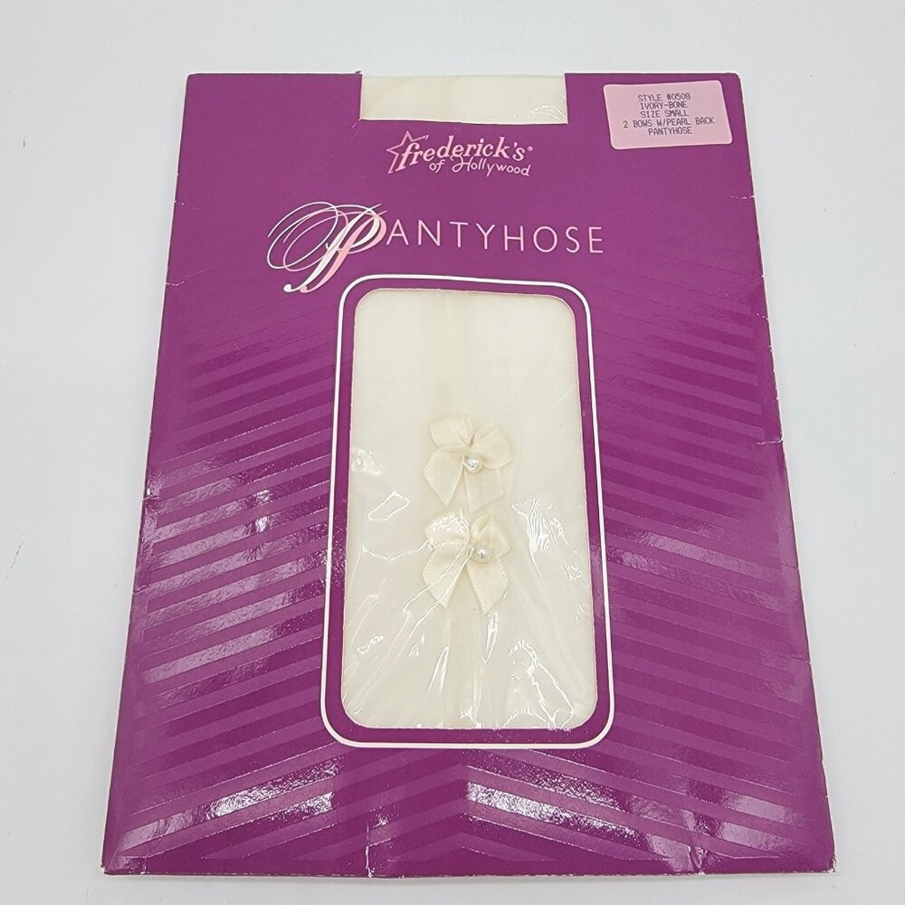 Vintage Fredericks Of Hollywood Back Bows And Pearls Ivory Pantyhose Size S NOS
